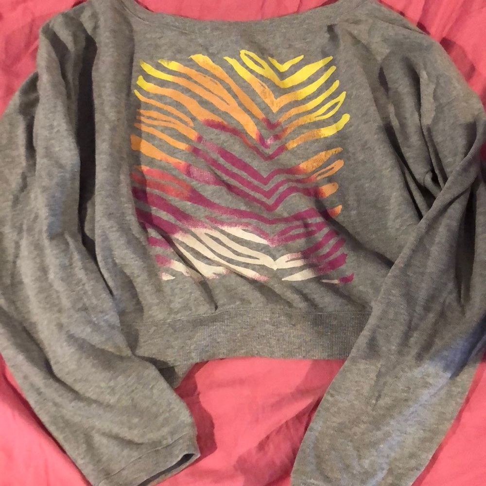 Pink XS crop sweatshirt in grey w rainbow zebra